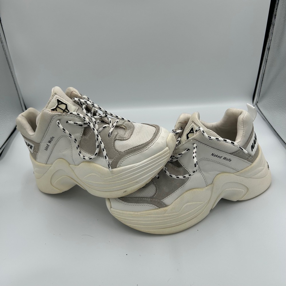 Naked Wolfe Track Sneakers Womens 8 White Grey Chunky Platform Leather Mesh